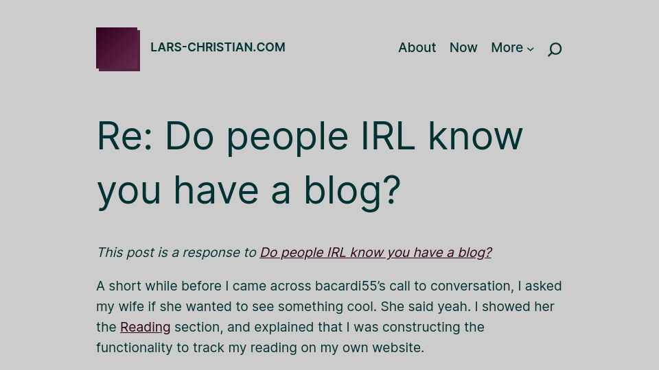 Screenshot of lars-christian.com: Re: Do people IRL know you have a blog?
