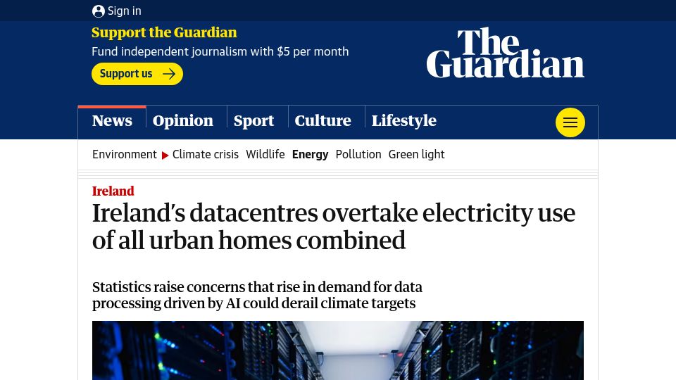Screenshot of theguardian.com: Ireland's datacentres overtake electricity use of all urban homes combined