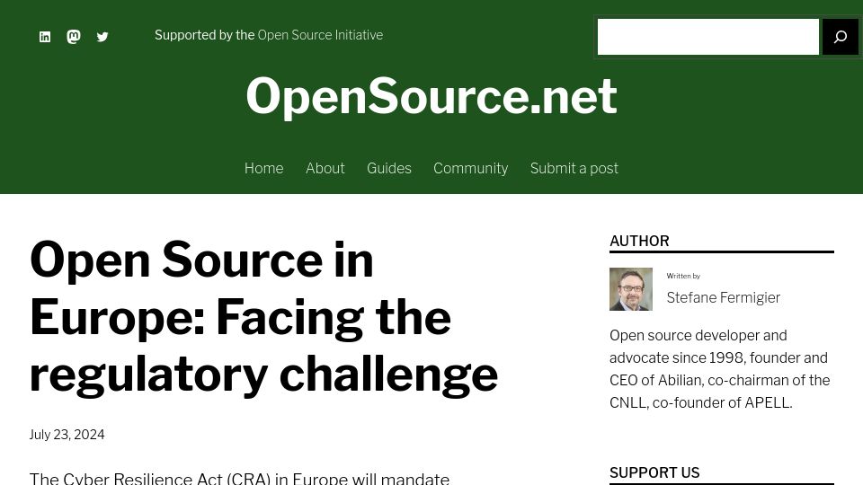 Screenshot of opensource.net: Open Source in Europe: Facing the regulatory challenge