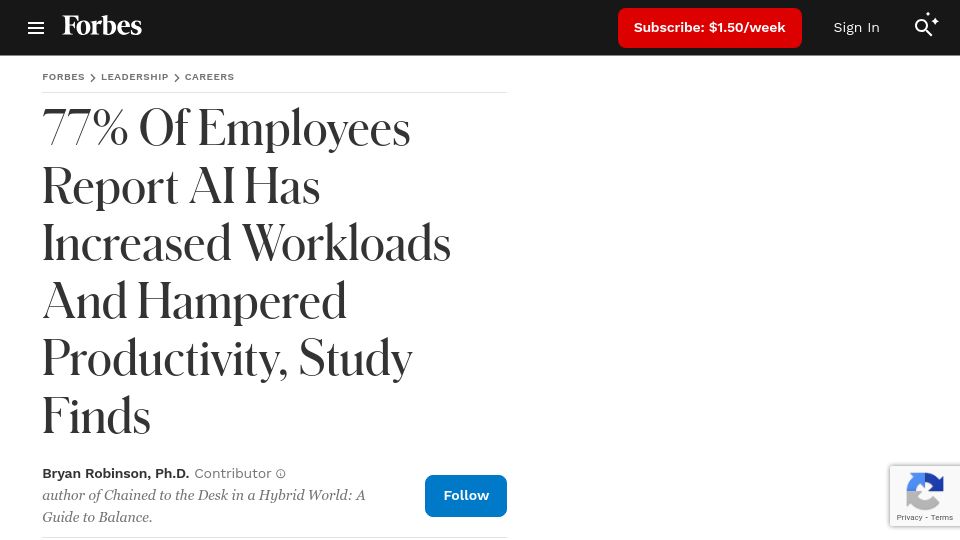 Screenshot of forbes.com: 77% of Employees Report AI Has Increased Workloads and Hampered Productivity