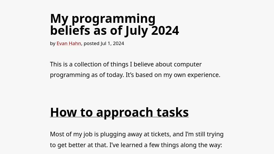 Screenshot of evanhahn.com: My programming beliefs as of July 2024