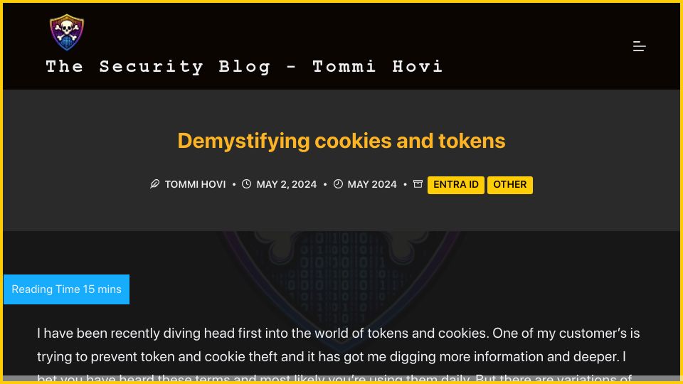 Screenshot of tommihovi.com: Demystifying Cookies and Tokens