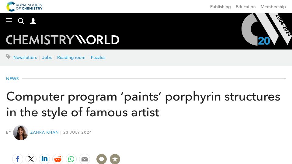 Screenshot of chemistryworld.com: Computer program 'paints' porphyrin structures in the style of Piet Mondrian