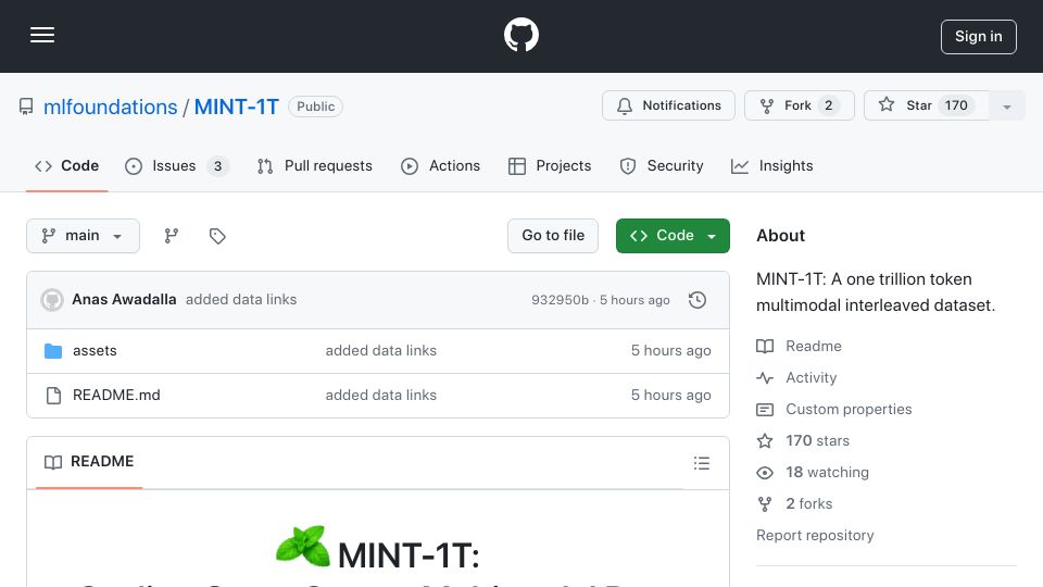 Screenshot of github.com: A multimodal dataset with one trillion tokens