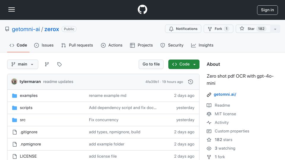 Screenshot of github.com: Show HN: Zerox – Document OCR with GPT-mini