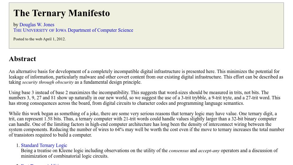 Screenshot of homepage.divms.uiowa.edu: The Ternary Computing Manifesto