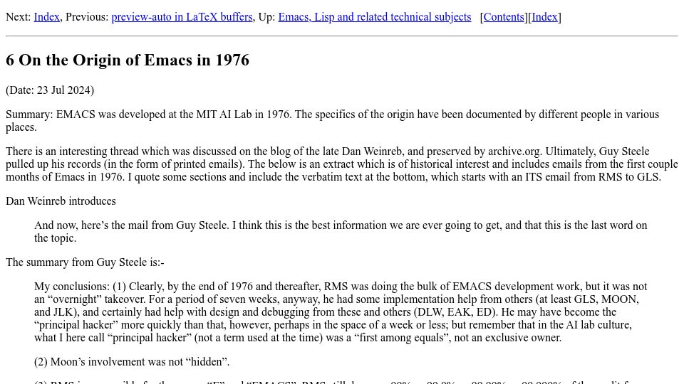 Screenshot of onlisp.co.uk: The Origin of Emacs in 1976
