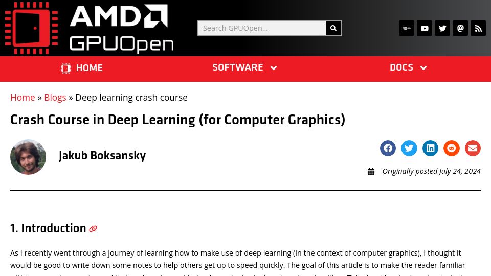 Screenshot of gpuopen.com: Crash course in deep learning for computer graphics
