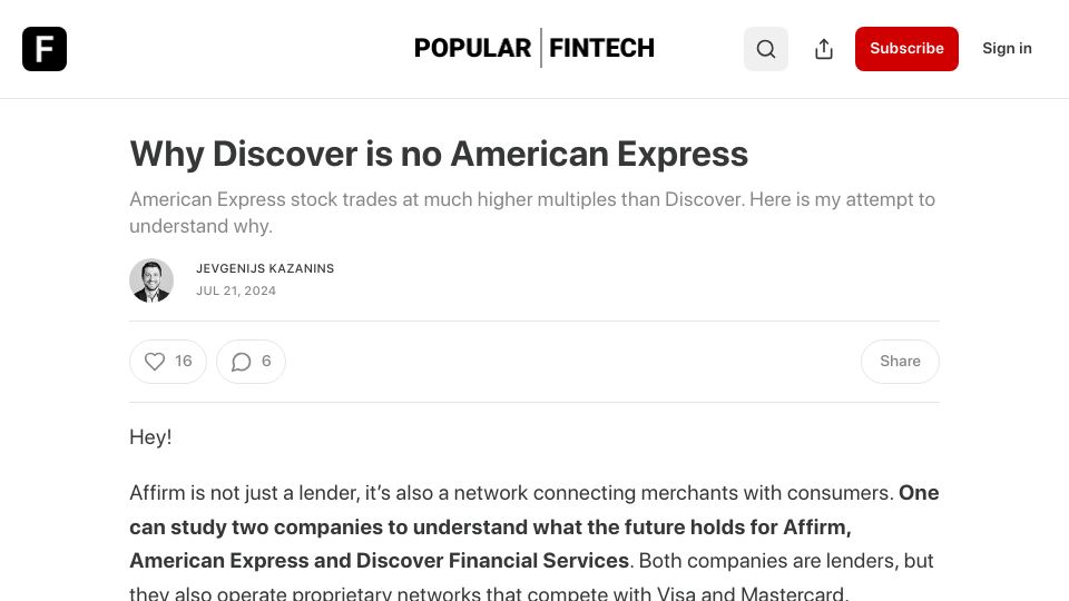 Screenshot of popularfintech.com: Why Discover is no American Express