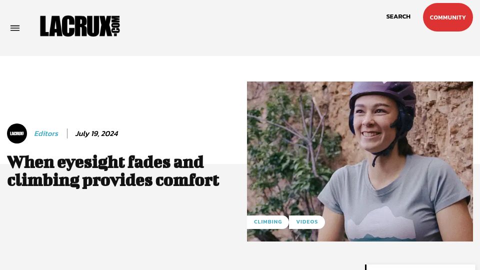 Screenshot of lacrux.com: When eyesight fades and climbing provides comfort