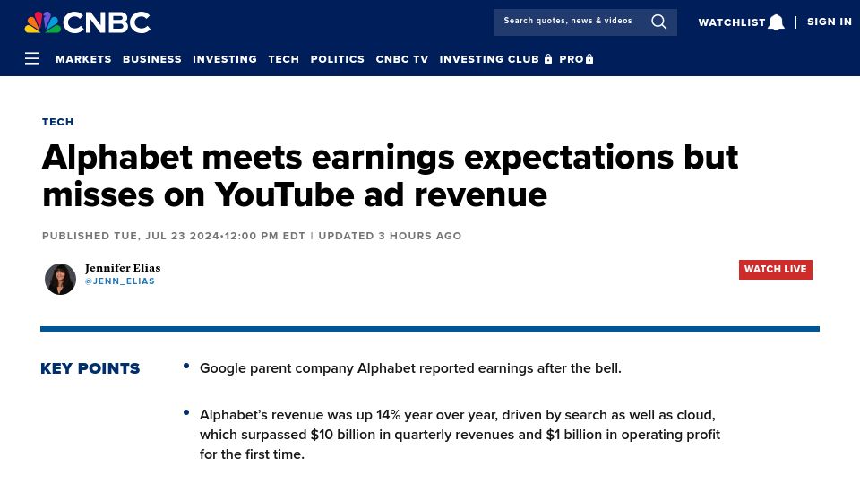 Screenshot of cnbc.com: Alphabet Second Quarter 2024 Results