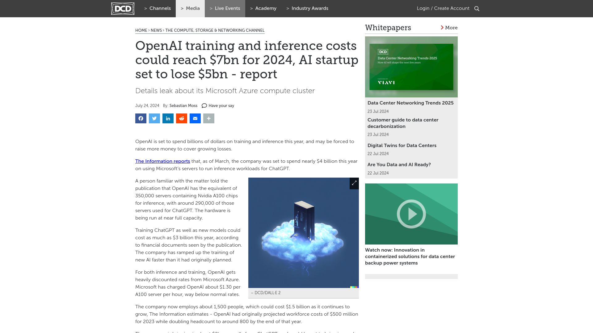Screenshot of datacenterdynamics.com: OpenAI is set to lose $5B this year