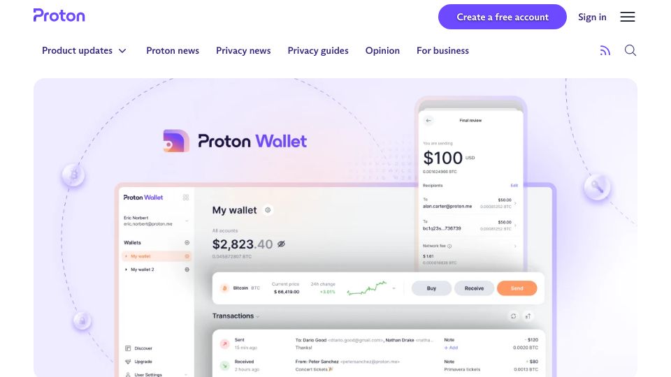 Screenshot of proton.me: Proton Wallet – a safer way to hold Bitcoin