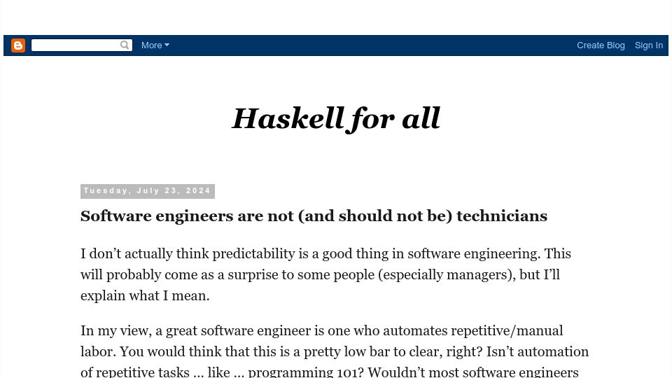 Screenshot of haskellforall.com: Software engineers are not (and should not be) technicians