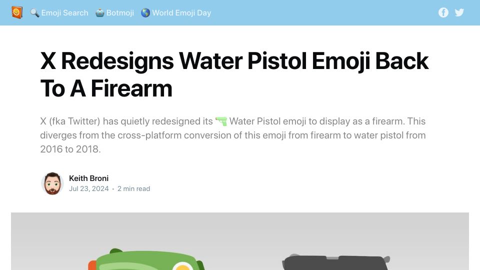Screenshot of blog.emojipedia.org: X redesigns water pistol emoji back to a firearm