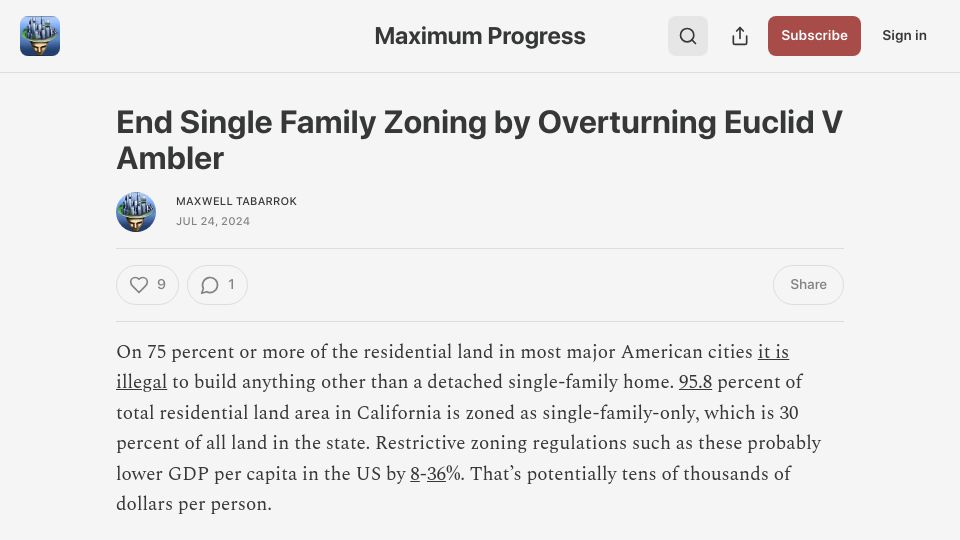 Screenshot of maximum-progress.com: End Mandatory Single Family Zoning by Overturning Euclid vs. Ambler