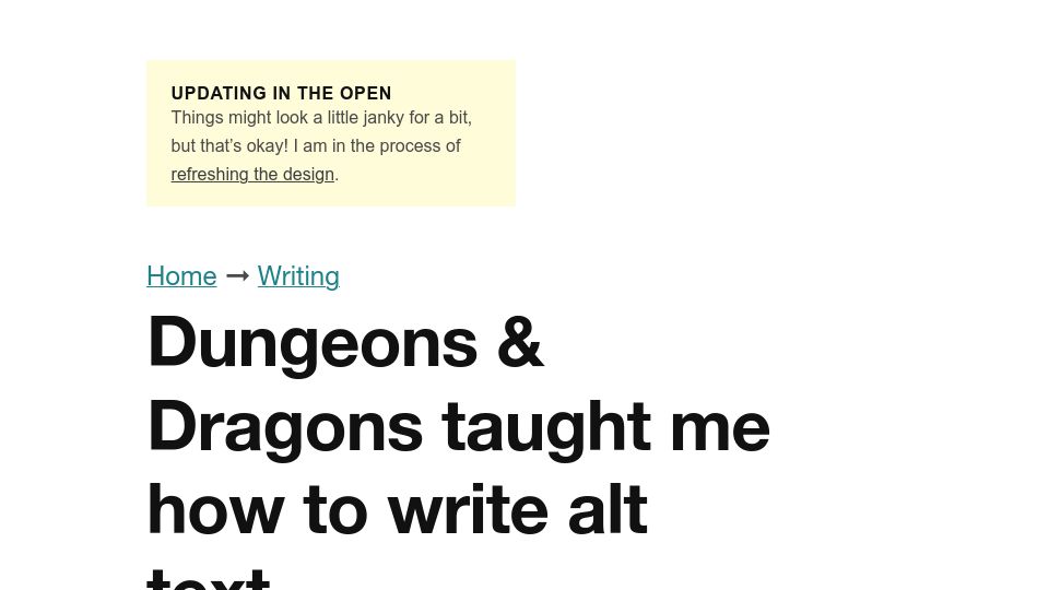 Screenshot of ericwbailey.website: Dungeons and Dragons taught me how to write alt text