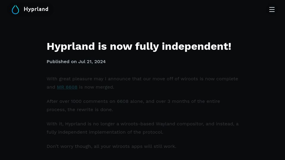 Screenshot of hyprland.org: Hyprland is now independent, dropping wlroots