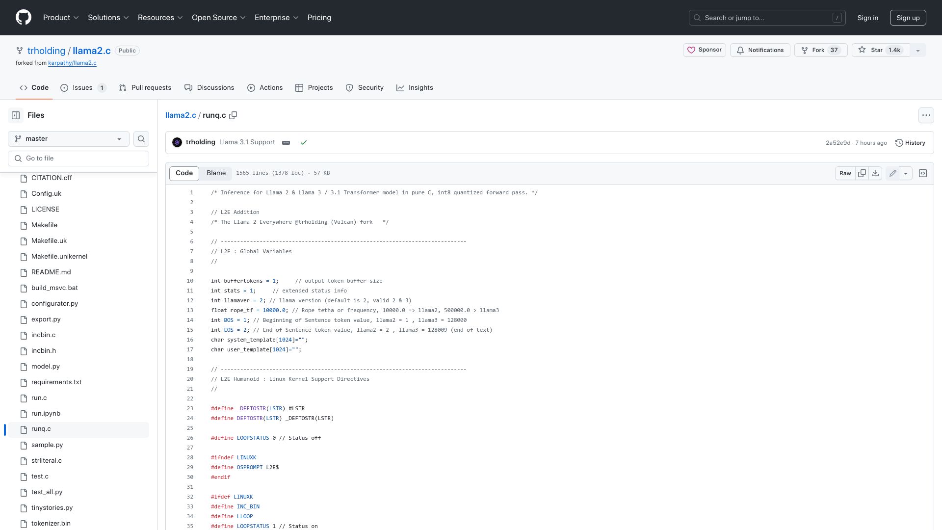 Screenshot of github.com: Llama 3.1 in C