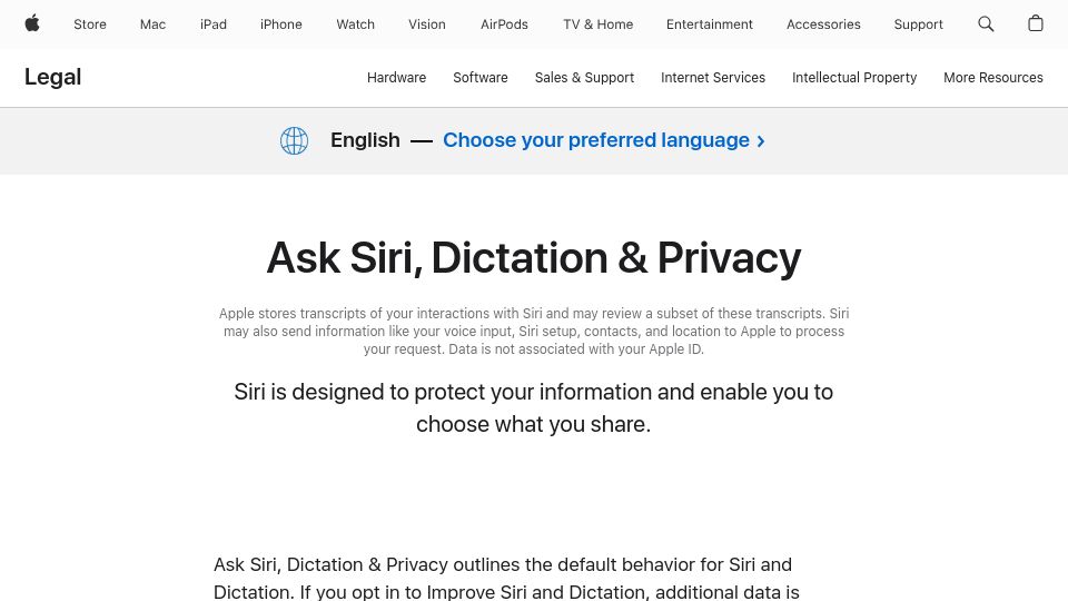 Screenshot of apple.com: Ask Siri, Dictation and Privacy