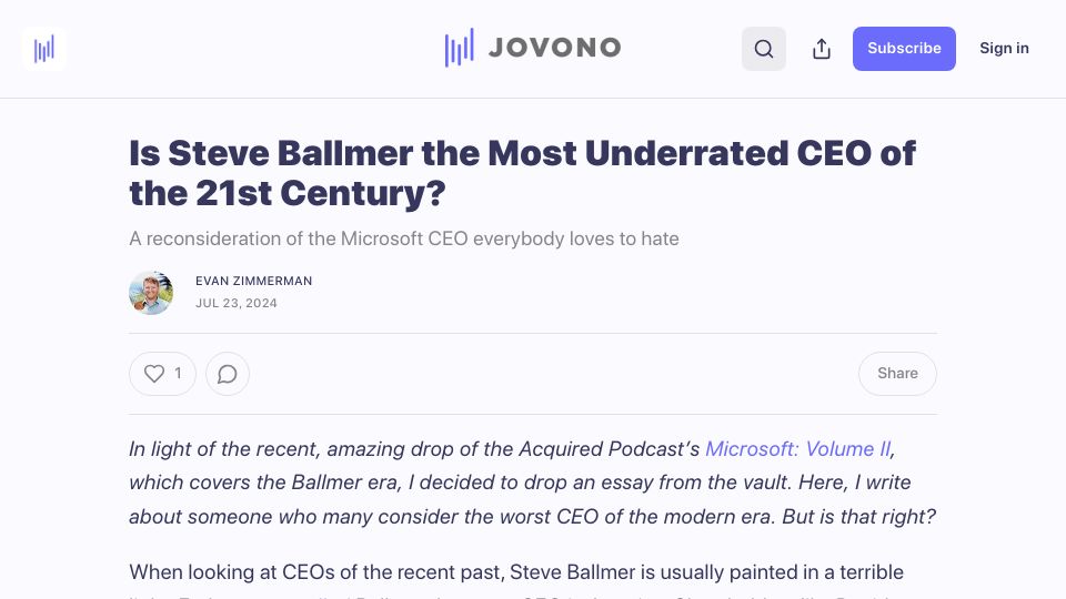 Screenshot of blog.jovono.com: Is Steve Ballmer the Most Underrated CEO of the 21st Century?