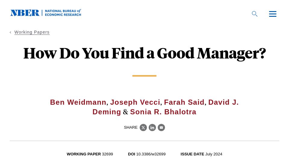 Screenshot of nber.org: How do you find a good manager?