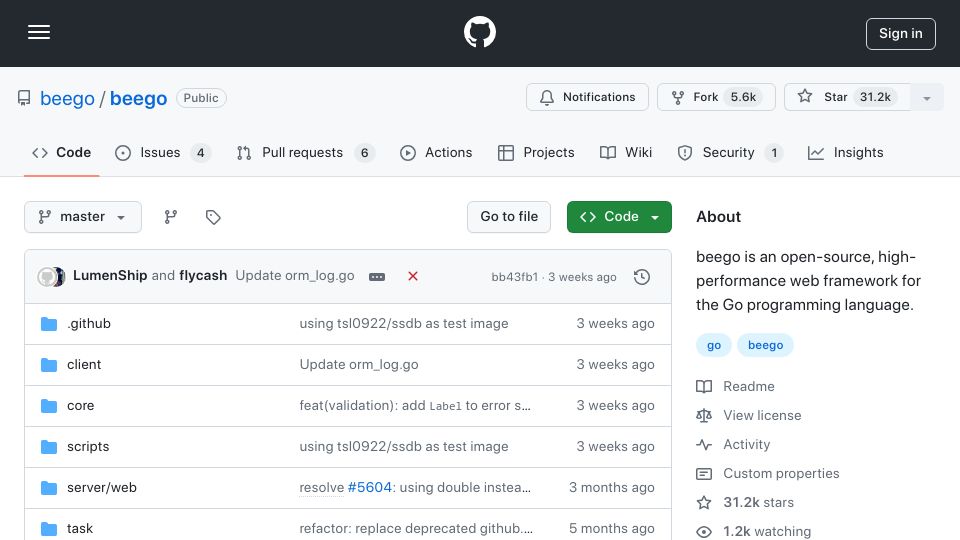 Screenshot of github.com: Beego: A Full Stack Web Framework for Go