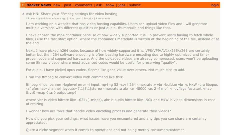 Screenshot of Hacker News post: Ask HN: Share your FFmpeg settings for video hosting