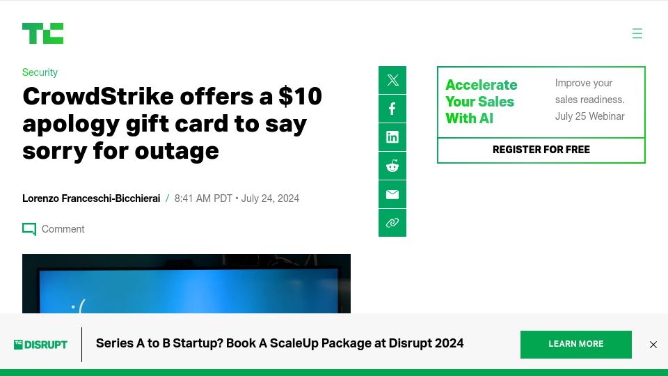 Screenshot of techcrunch.com: CrowdStrike offers a $10 apology gift card to say sorry for outage