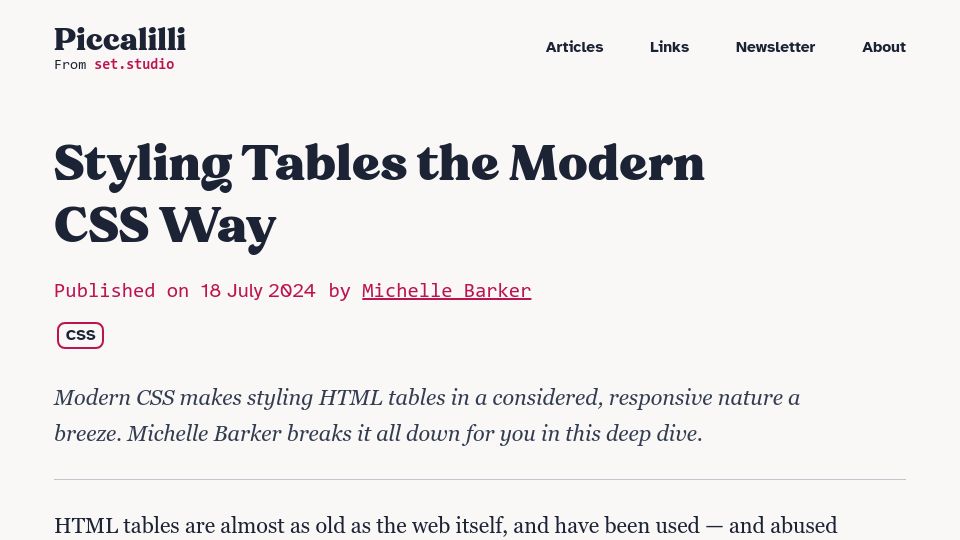 Screenshot of piccalil.li: Styling Tables the Modern CSS Way