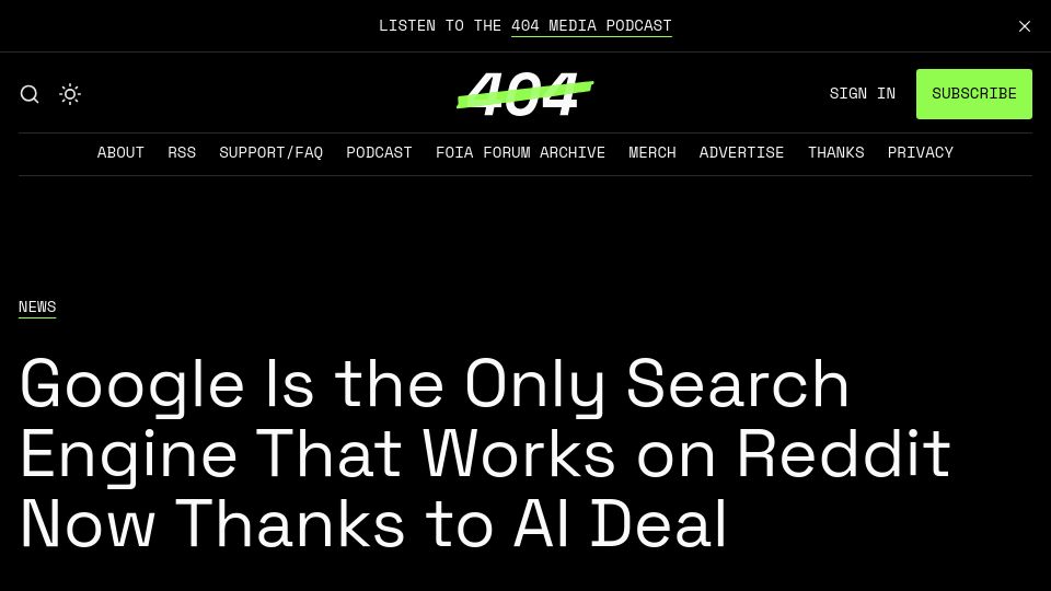 Screenshot of 404media.co: Google is the only search engine that works on Reddit now, thanks to AI deal
