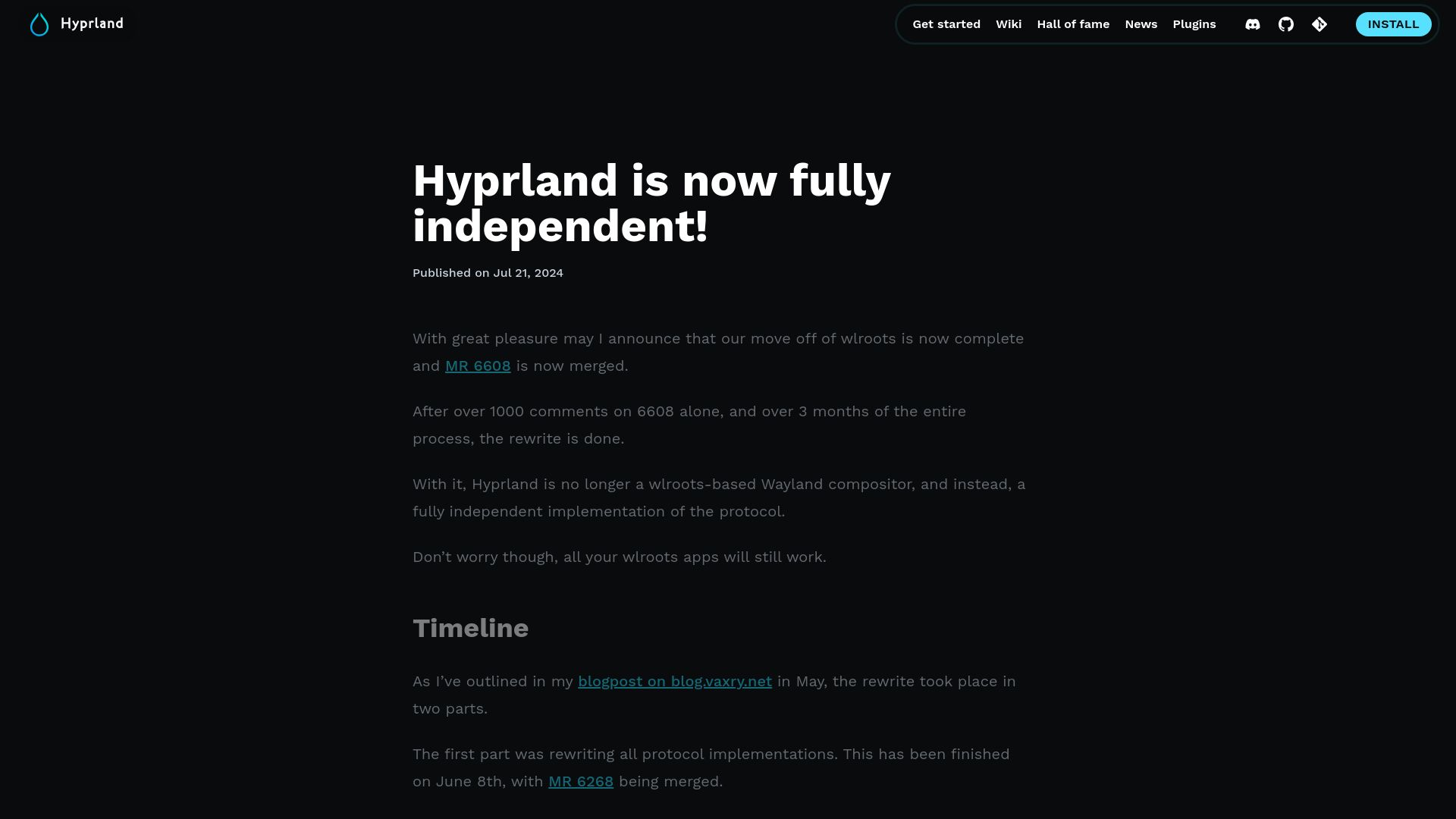 Screenshot of hyprland.org: Hyprland is now independent, dropping wlroots