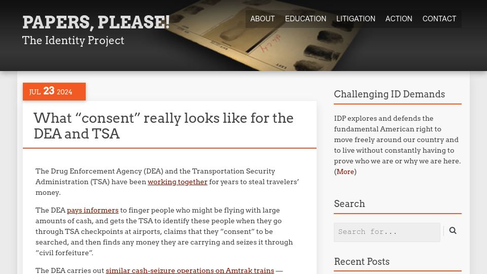 Screenshot of papersplease.org: What "consent" looks like for the DEA and TSA