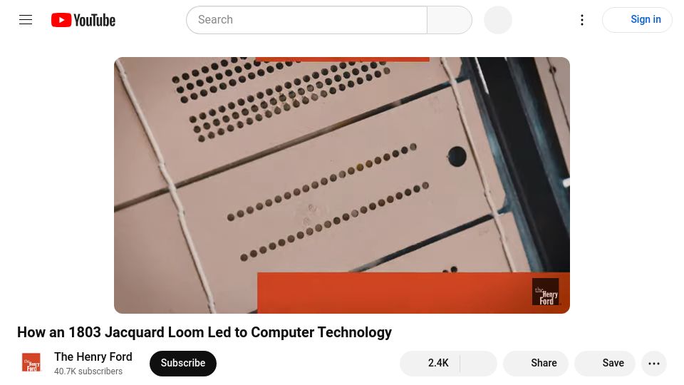 Screenshot of youtube.com: How an 1803 Jacquard Loom Led to Computer Technology [video]