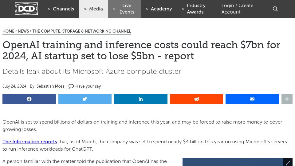 Screenshot of datacenterdynamics.com: OpenAI is set to lose $5B this year