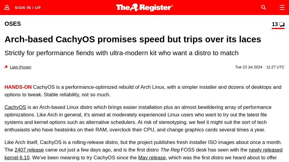 Screenshot of theregister.com: Arch-based CachyOS promises speed but trips over its laces