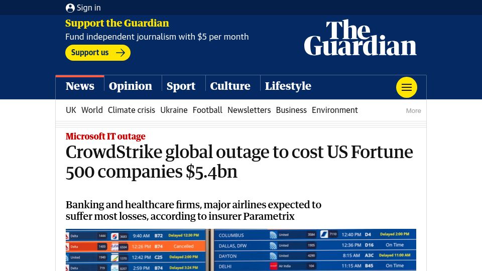Screenshot of theguardian.com: CrowdStrike global outage to cost US Fortune 500 companies $5.4B