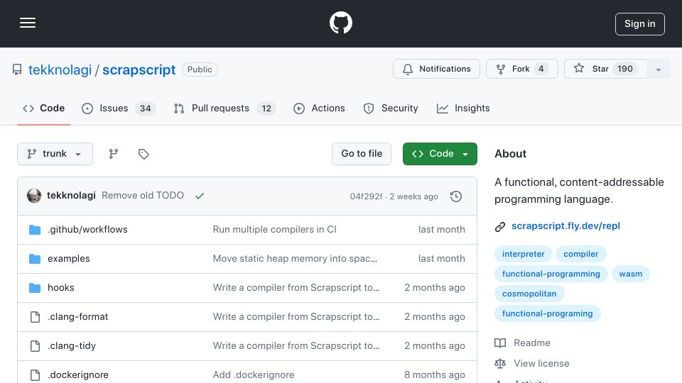 Screenshot of github.com: Scrapscript: A functional, content-addressable programming language