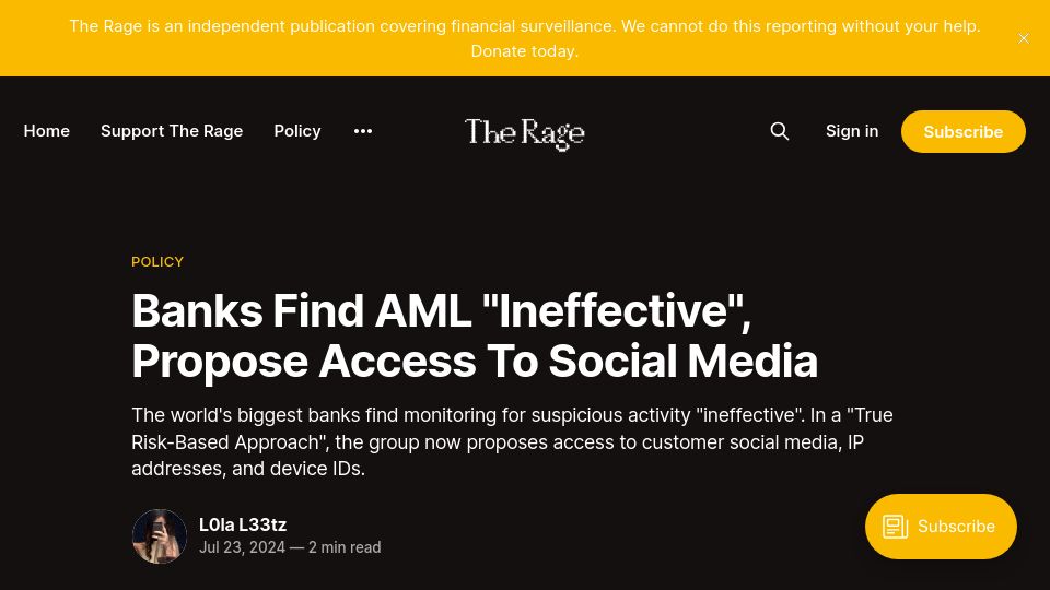 Screenshot of therage.co: Banks Find AML "Ineffective", Propose Access to Social Media
