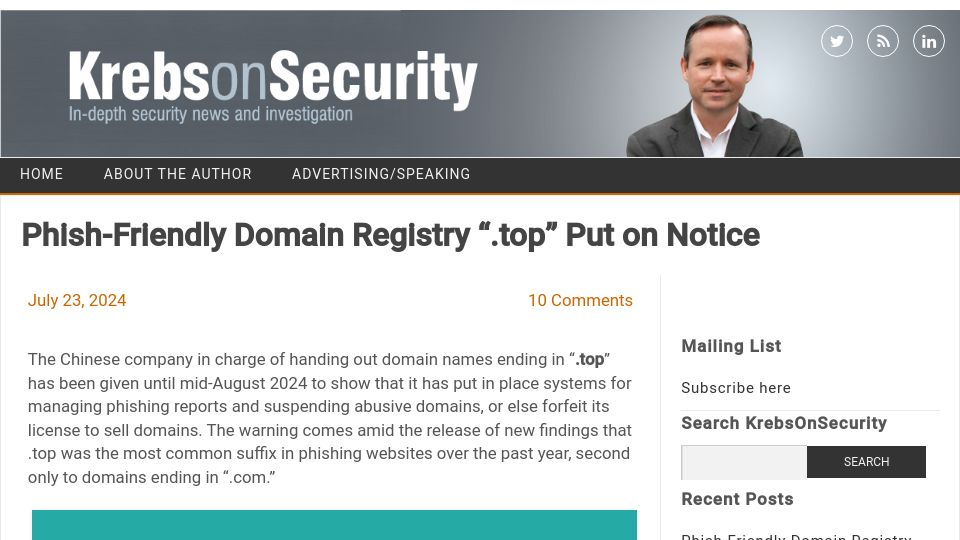 Screenshot of krebsonsecurity.com: Phish-friendly domain registry ".top" put on notice