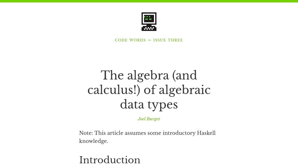 Screenshot of codewords.recurse.com: The algebra and calculus of algebraic data types (2015)