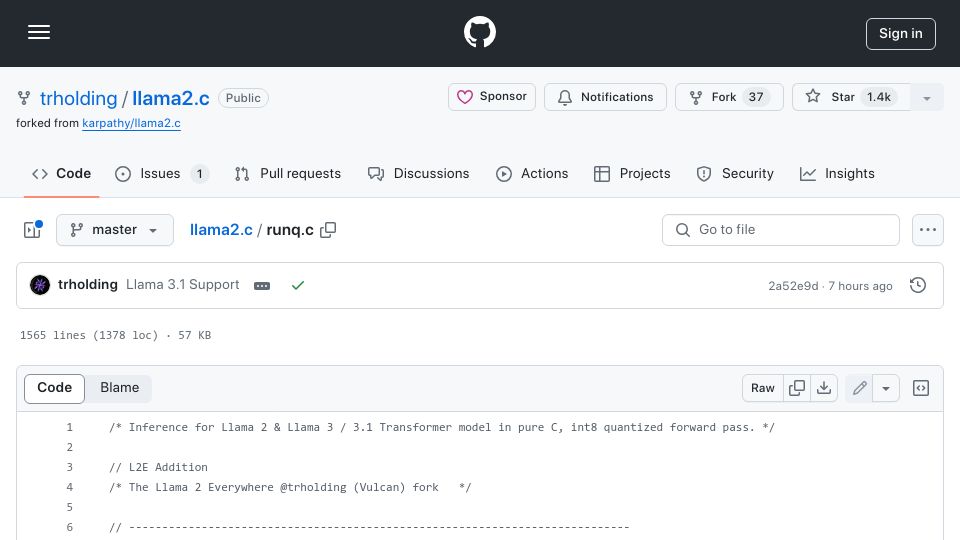 Screenshot of github.com: Llama 3.1 in C