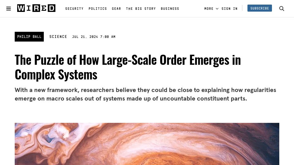Screenshot of wired.com: The Puzzle of How Large-Scale Order Emerges in Complex Systems