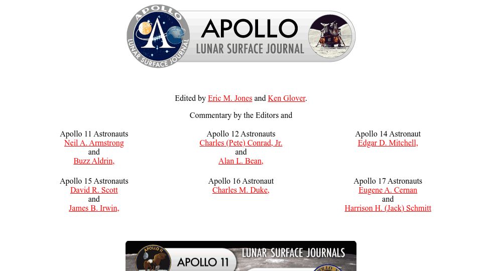 Screenshot of nasa.gov: Apollo Lunar Surface Journal