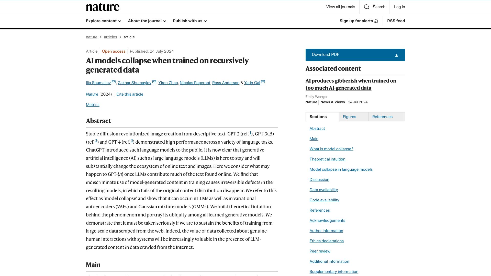Screenshot of nature.com: AI models collapse when trained on recursively generated data