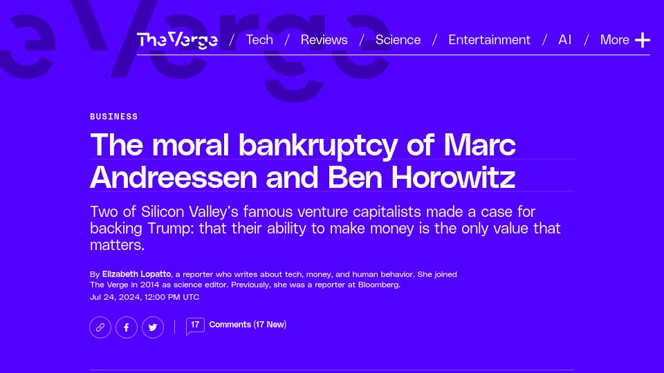 Screenshot of theverge.com: The Moral Bankruptcy of Marc Andreessen and Ben Horowitz