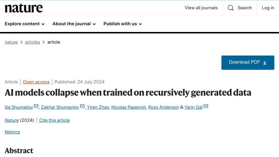 Screenshot of nature.com: AI models collapse when trained on recursively generated data