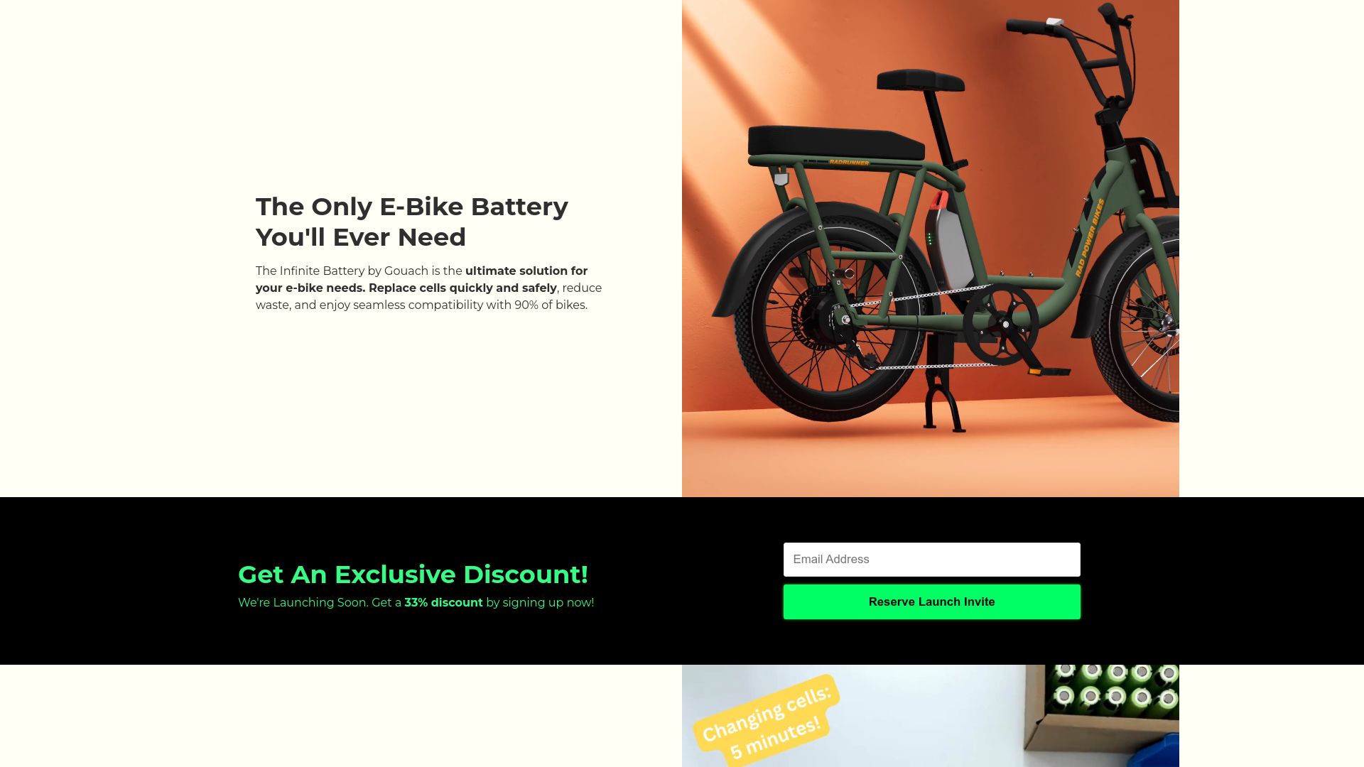 Screenshot of get.gouach.com: We've built the Ultimate e-Bike Battery that you can Repair and Refill