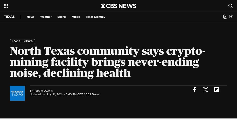 Screenshot of cbsnews.com: North Texas community says crypto-mining facility brings never-ending noise