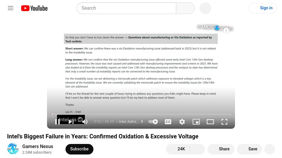 Screenshot of youtube.com: Intel confirms oxidation and excessive voltage in 13th and 14th Gen CPUs [video]